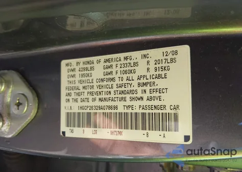 2009 Honda Accord 2.4 Lx z USA, uszkodzony, nr VIN 1HGCP26329A078696